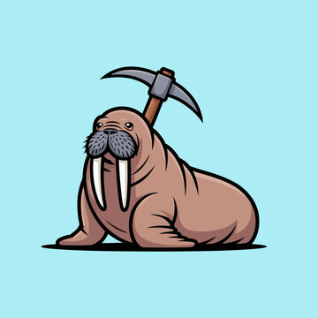 Cartoon walrus with pickaxe on back.