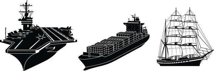 Naval aircraft carrier with jets cargo container ship and classic tall sailing vessel silhouette vector set for maritime industry transport and nautical history design. © JetandroNath