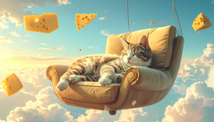A serene tabby cat peacefully sleeping in a floating armchair amongst whimsical cheese-filled clouds in the sky.