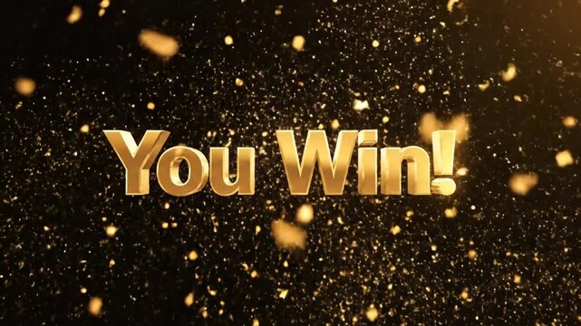 Golden You Win text banner with bright glowing sparks and fireworks explosion on dark background