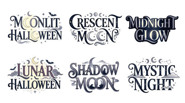 Magical moonlit typography collection featuring lunar halloween designs crescent moon lettering and mystic night text perfect for celestial graphics and dark spooky star posters.