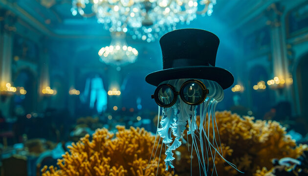 A sophisticated jellyfish wearing a top hat and monocle attends an opulent underwater gala, a surreal marine spectacle.