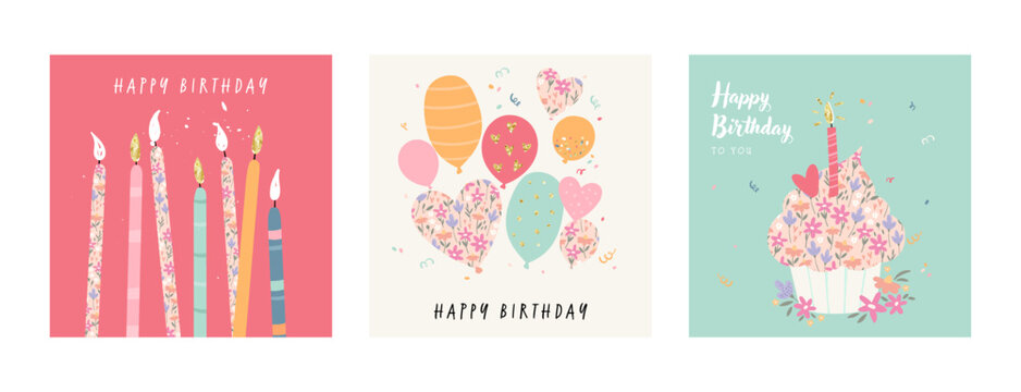 Cute hand drawn set of Birthday cards with cake, balloons, candles - vector design