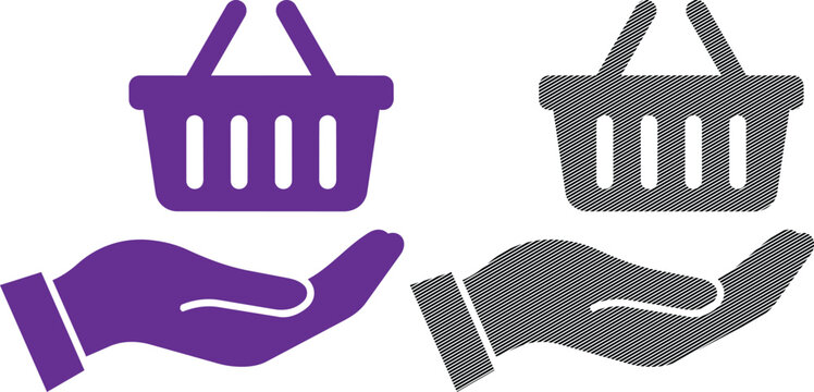 Vector shopping basket and hand icons with hand icon e commerce set