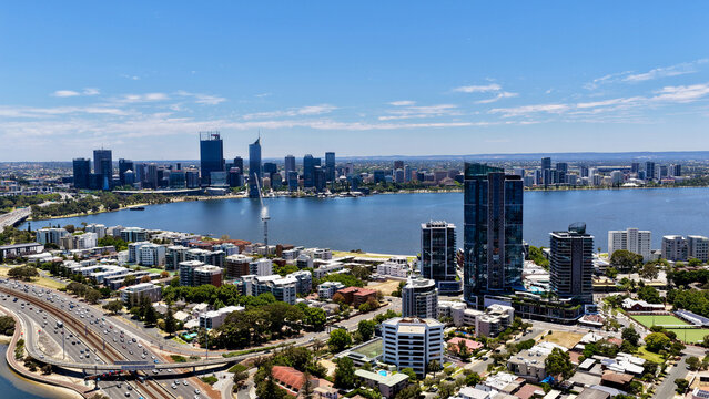 South Perth, Perth City, Western Australia, Australia &ndash; 4K Aerial Drone View of City Skyline, Swan River, Sir James Mitchell Park, Riverside Highway, Residential Houses and Estates