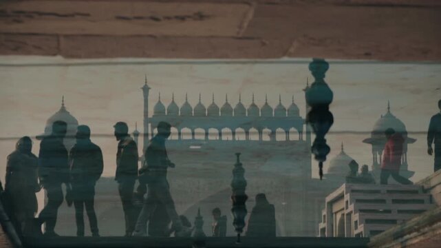 Creative double exposure of people's silhouettes walking on a street combined with the reflection of a magnificent Indian temple, creating a dreamy and artistic visual effect for viewers