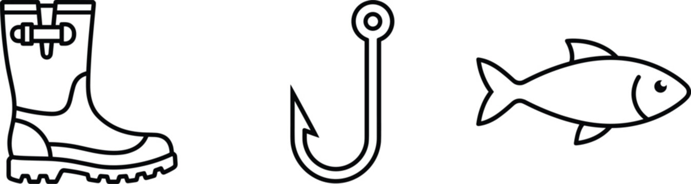 Fishing equipment outline icon collection featuring rubber wellington boot sharp fish hook and salmon fish isolated on white background for angling hobby and sport.