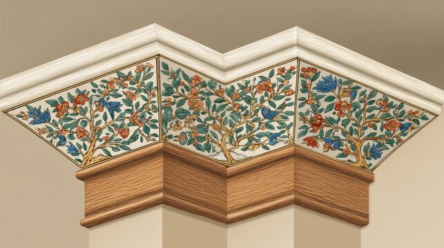 Architectural molding features decorative ceramic tiles depicting stylized flora and avian life