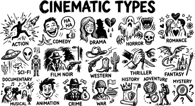 Diverse Cinematic Genres Collection: Black and White Line Art Icons for Film and Entertainment