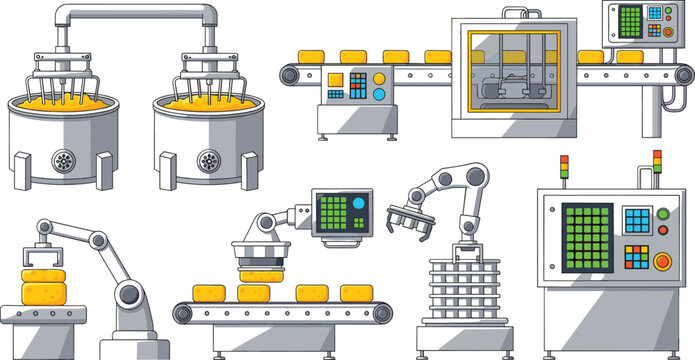Automated factory conveyor belt system and industrial food processing machinery vector set collection with robotic arms mixing vats and packaging equipment illustration