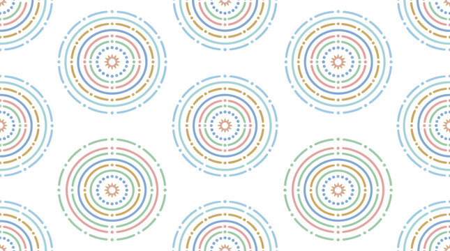 Concentric circles form a geometric pattern with soft pastel colors arranged on a clean white surface.