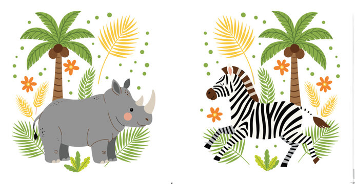 Cute cartoon safari animals vector illustration set featuring rhinoceros and running zebra characters with tropical palm trees and leaves for nursery wall art design