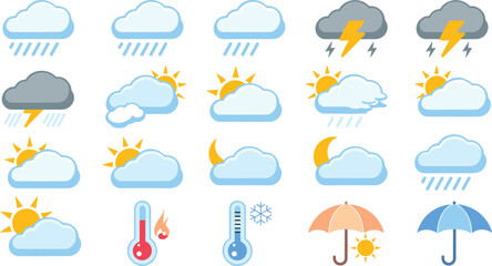 Obraz premium Flat weather forecast icons vector set collection featuring sun clouds rain thunderstorm snow thermometer and umbrella symbols for mobile application UI graphic design