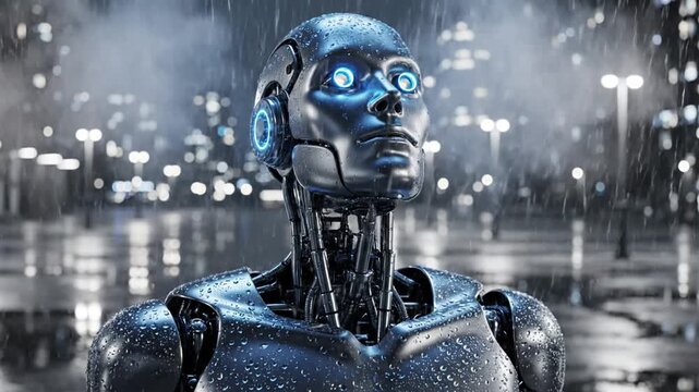 AI robot in rain with city lights at night