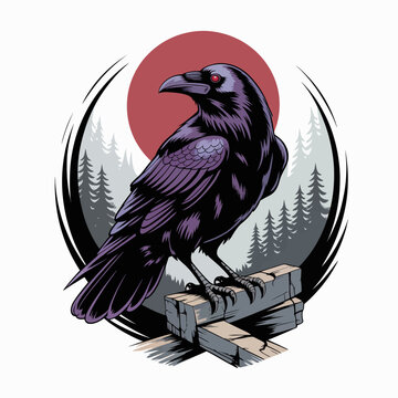 Black bird perched on wood outdoors.