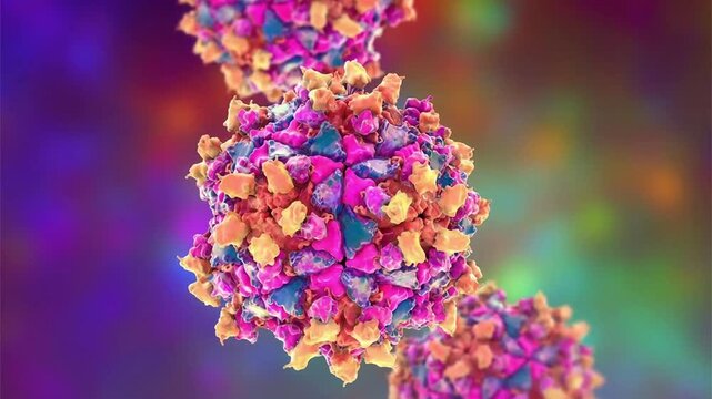 Poliovirus particles shown in 3D animation, non-enveloped RNA virions causing poliomyelitis, highlighted in context of global eradication and vaccination campaigns.