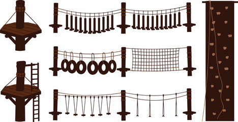 Adventure park rope course elements and wooden obstacle silhouettes vector set collection with climbing wall hanging tires cargo net and tree platforms illustration © MdMahfizur