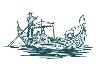 Vintage Venetian gondola illustration, traditional Italian boat with gondolier and passengers, hand-drawn nautical vector art for travel branding © AT