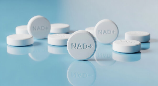 White NAD+ tablets scattered on reflective blue surface, anti aging and longevity supplement for wellness