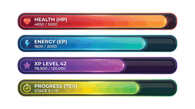 Glossy Video Game UI Progress Bars, Set of 4 Colorful Status Indicators for Health Energy XP and Stage Progress, Modern Gaming HUD Elements