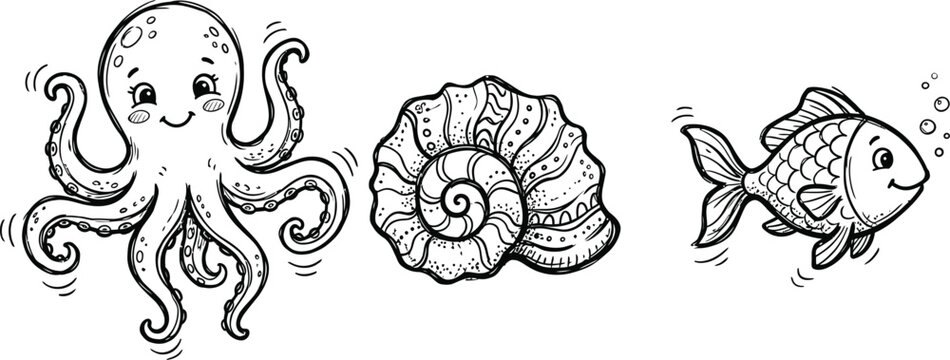 Hand-drawn sea life doodles, cute octopus fish and seashell ocean line art icons