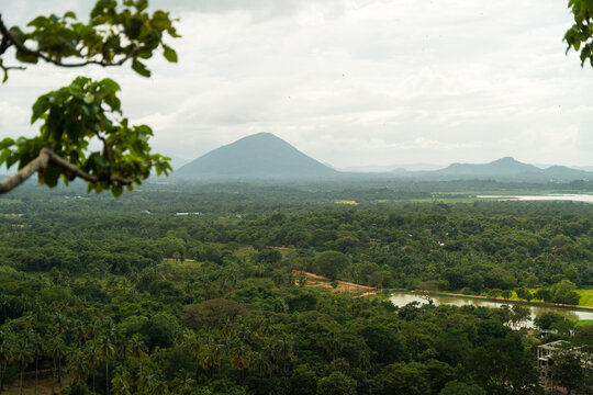 View of the lush tropical landscape and a distant conical mountain under a cloudy sky from the Dambulu Rock Inscription Dambulla, Central Province, Sri Lanka.