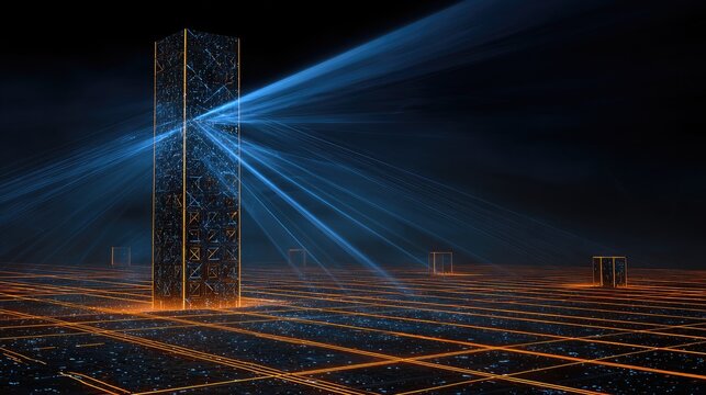 Tall geometric monolith emits bright blue light rays on futuristic glowing grid