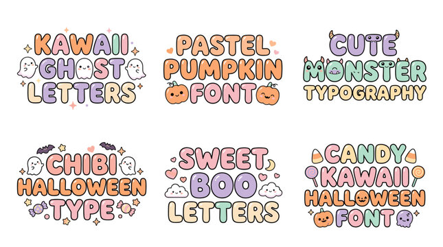 Cute kawaii halloween typography set with pastel pumpkin sweet boo chibi type and candy monster letters for childish graphic designs. Vector illustration isolated on white background.