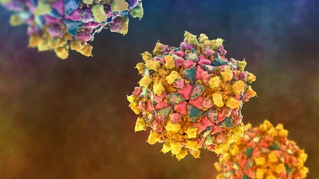 Poliovirus particles shown in 3D animation, non-enveloped RNA virions causing poliomyelitis, highlighted in context of global eradication and vaccination campaigns.