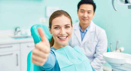 Fototapeta premium Smiling Caucasian woman patient giving thumbs-up in dental clinic chair with dentist, positive dental experience and healthcare satisfaction