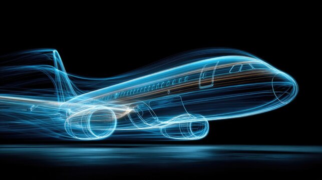 Futuristic blue energy trails forming a sleek aircraft in motion