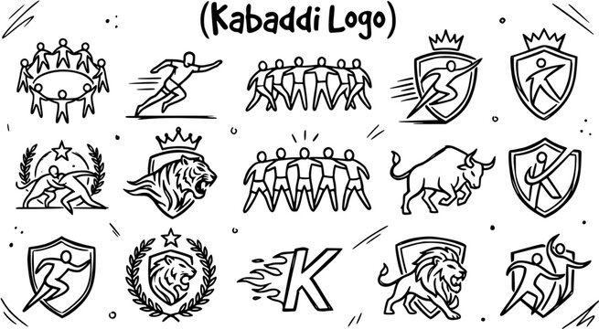 Kabaddi Sports Logo Set: Black and White Line Art Icons. Hand-drawn Collection of Kabaddi Players, Team Formations, Tiger, Lion, Bull Mascots, and K Letter Emblems.