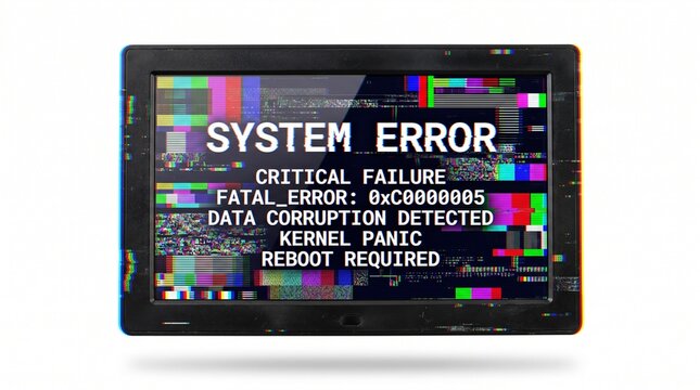 Glitchy system error screen, critical failure message, fatal error code, corrupted data, reboot required