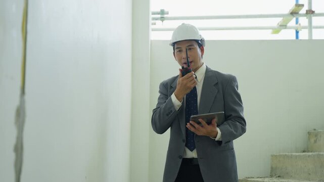 Construction site engineer businessman in hard hat using walkie talkie and tablet during indoor inspection at unfinished building site safety helmet work scene