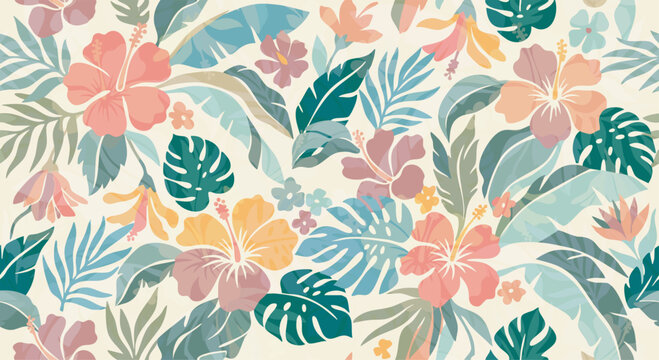 Tropical floral pattern with hibiscus and monstera leaves, vector illustration