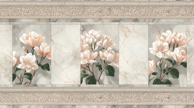 Decorative architectural frieze features pale blossoms set against patterned marble panels framed by ornate molding.