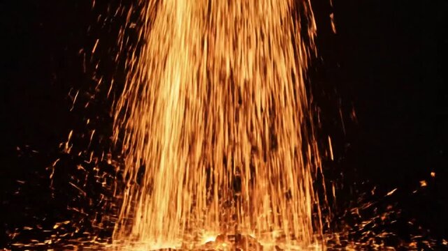 Fiery waterfall of sparks descending on glowing embers in the darkness with a close-up perspective