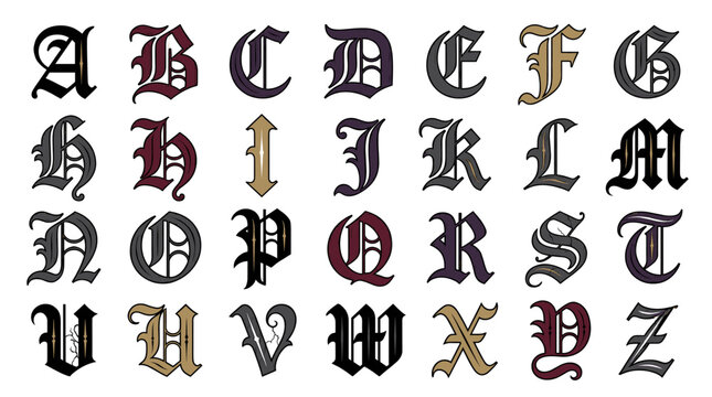 Classic gothic alphabet set featuring decorative medieval style old english letters for vintage typography vector illustration designs.