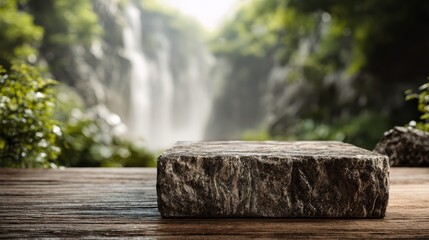 Fototapeta premium realistic wet river stone foreground focus, minimal composition, transparent waterfall from mountains behind, soft fog and water spray, ultra detailed textures
