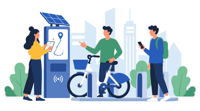 Electric bike sharing station with rider and kiosk.