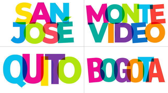 Colorful overlapping transparent letter typography designs for Latin American capital cities San Jose Montevideo Quito and Bogota in a modern text style.