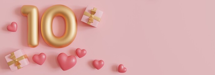 A golden number ten stands on a soft pink background. Heart shapes and pink gift boxes with gold ribbons surround it © Creative_Bird