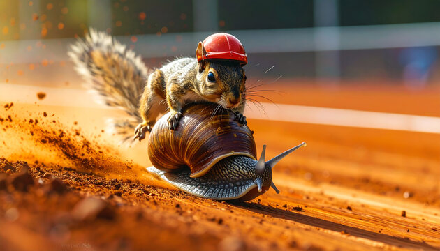 A tiny squirrel in a red helmet rides a snail in a humorous race across the ground, showcasing playful animal antics.