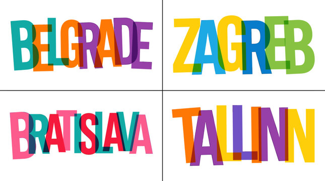 Colorful overlapping transparent letter typography designs for European capital cities Belgrade Zagreb Bratislava and Tallinn creating a vibrant and modern text based vector illustration.
