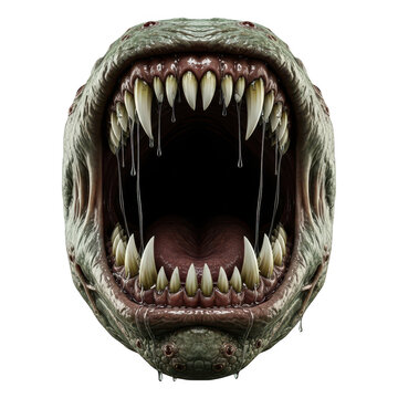 Terrifying alien beast mouth with slime and sharp teeth isolated on transparent background