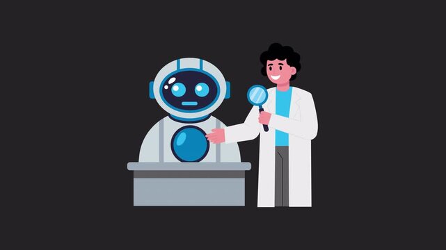 Ai assistant beside a scientist  2D Animation on Transparent Background