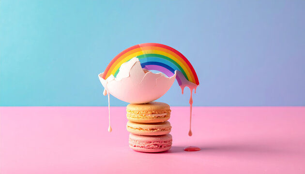 A vibrant rainbow erupting from a cracked eggshell balanced on a stack of colorful macarons