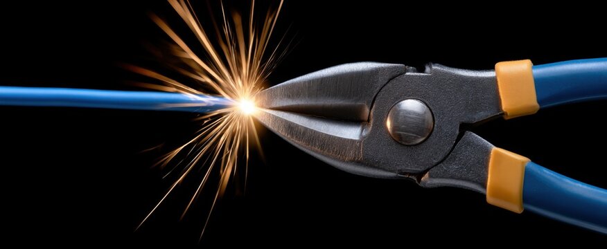 Bolt Cutters Snipping Blue Power Wire with Flying Sparks
