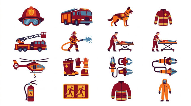 Firefighter equipment and emergency services icons set.