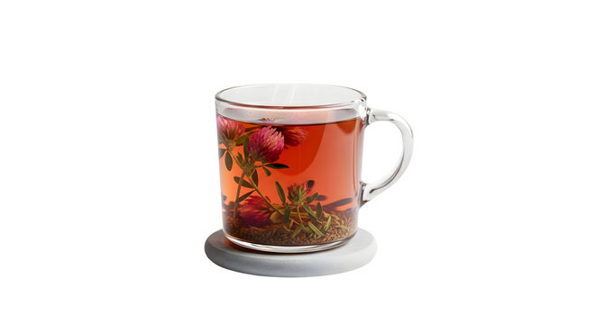 A glass mug with herbal tea and berries on a white coaster